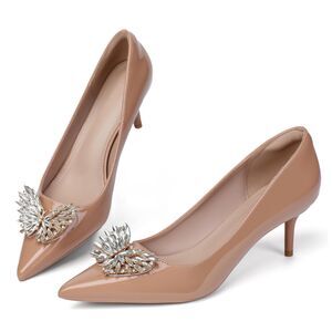 Rhinestone Butterfly 2" High Heels Pumps Pointed Toe (Nude, Size 4.5 - 5)